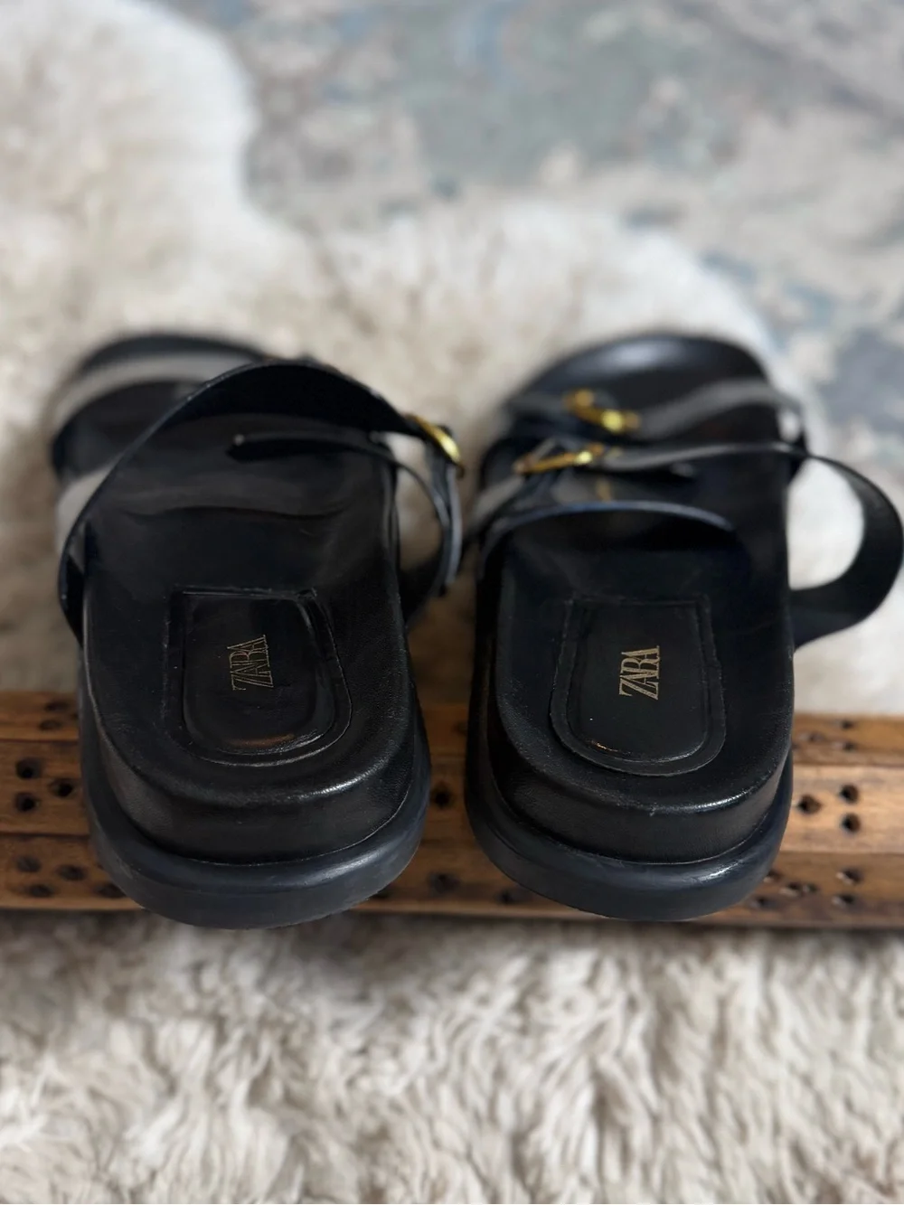 Zara Black Slide Sandals with Gold Buckles - Women's 39 - Picture 6 of 11